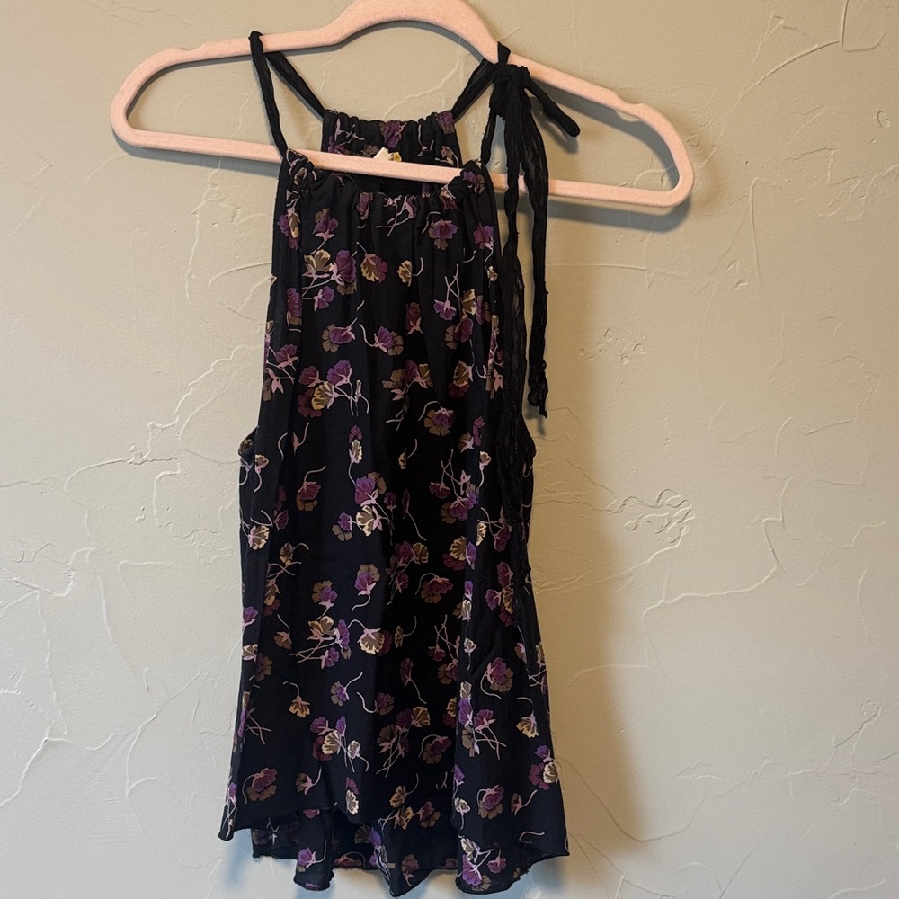 Free People Black Top with Purple Floral Design